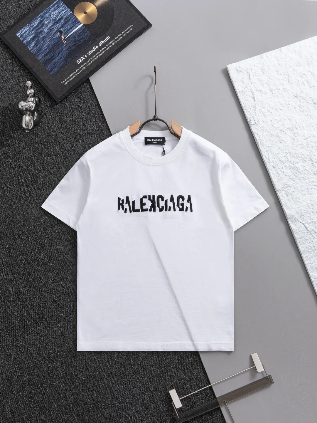 P100✨🔥 [BALENCIAGA] 2026FW short-sleeved T-shirt Premium 26s double yarn 300g fabric embroidery fraying process Color: Black White Red Size: S M L XL 2XL